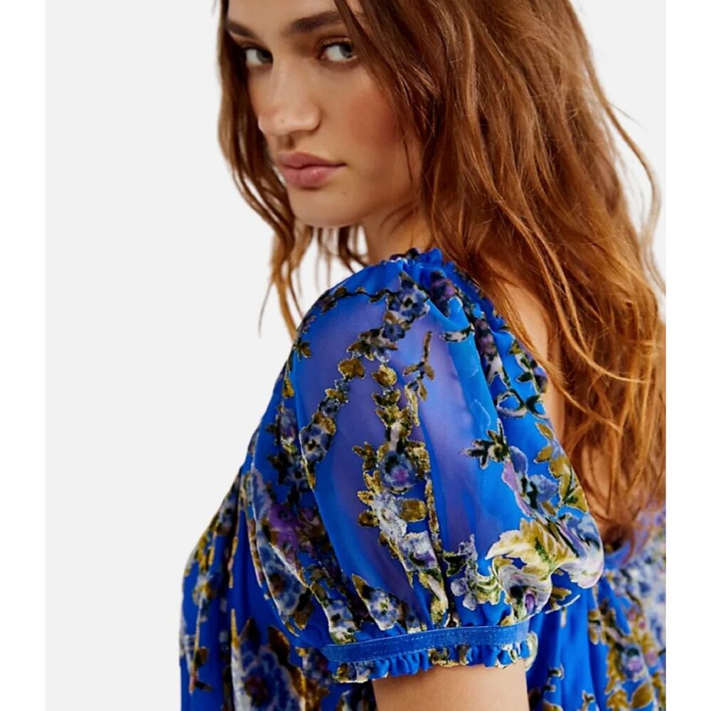 Free People Beautiful Blooms Mini Dress Sz Med Royal Blue Velvet Burnout Floral - Picture 2 of 16